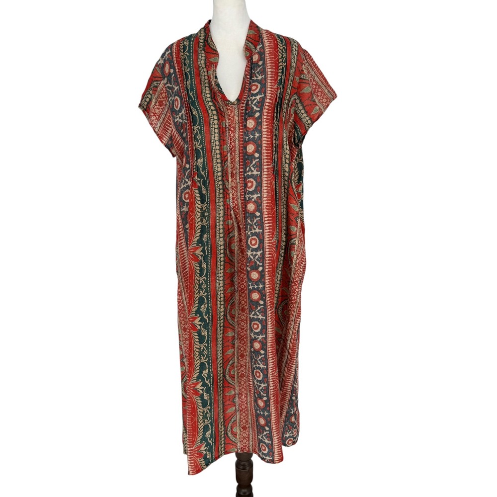 Peruvian Connection Block Print 100% Linen Maxi Caftan Long Dress XL Pockets - Picture 2 of 8
